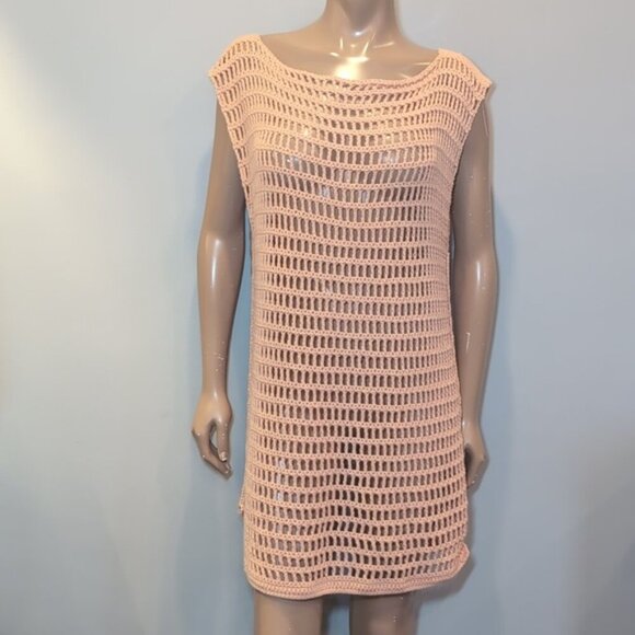3/$20 Peach Crochet Shell Dress Beach Swim Cover Up Cap Sleeve Sheath Boat Neck - Picture 11 of 11